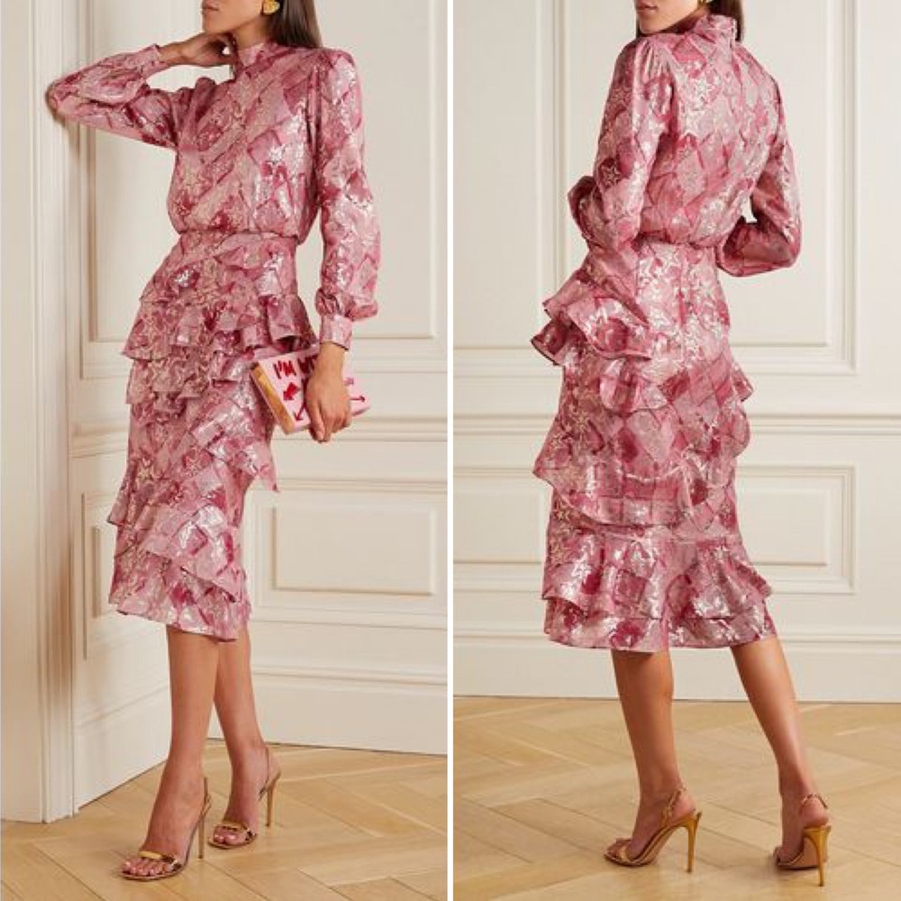 SALONI Isa Ruffle Dress Rose Pink Metallic Gold Star Silk Long Sleeve‎ Midi Sz 4